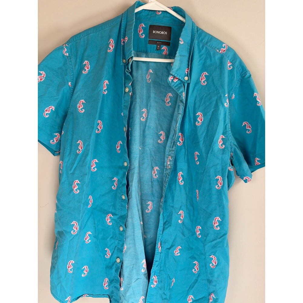 Bonobos Mens XL Slim Fit Short Sleeve Button Down Shirt Turquoise Seahorse Print